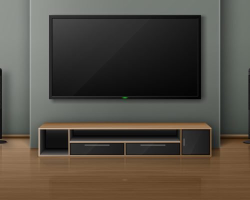 Home theater with tv screen and speakers in modern living room. Vector realistic interior with plasma television hanging on wall, sound stereo system and stand on wooden floor