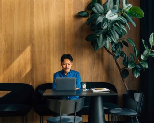 A businessman focuses on a laptop in a modern minimalist workspace. The setting features a wooden wall and large plant, exuding calm and productivity.