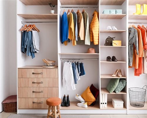 Walk-in closet with stylish female clothes